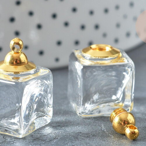 Pendentif cube bouteille parfum verre transparent laiton doré 23mm, pendentif verre bouteille à remplir, x1 (g7936)