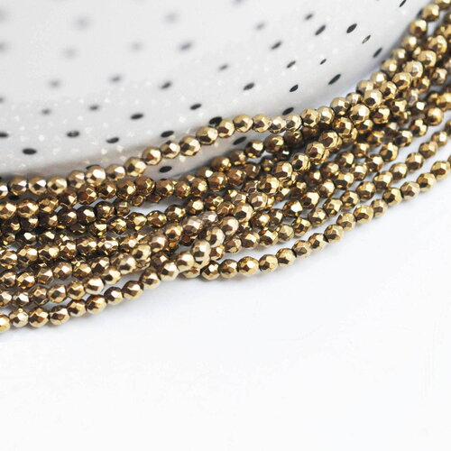 Perles ronde facettée hématite synthétique dorée 2mm, pierre, le fil de 38cm, x1 (g4480)