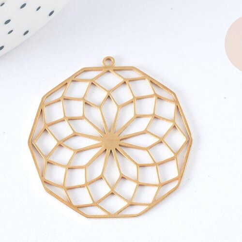 Pendentif estampe filigrane polygone fleur acier inoxydable 201 doré 35,5mm, x1 g7253