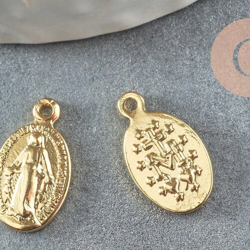 Pendentif médaille ovale vierge marie or 18k 14mm, pendentif laiton notre dame madonne, x5 (g3705)