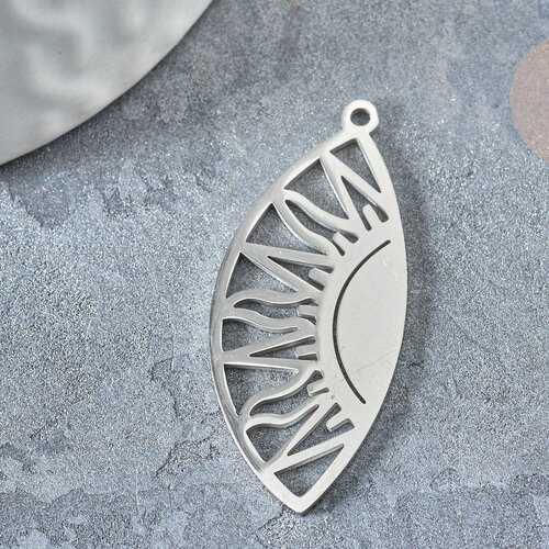 Pendentif goutte soleil argenté acier inoxydable 35mm, création bijoux acier inoxydable platine, x1 g7667