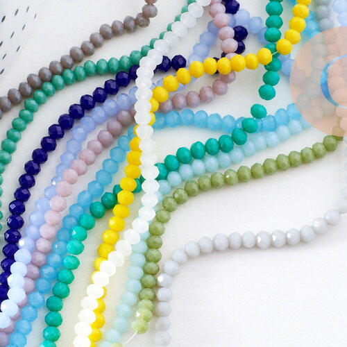 Perles rondelles verre opaque facettées couleur mixte 3.5x2.5mm, création bijoux diy, fil de 32cm, x1 (g8262)