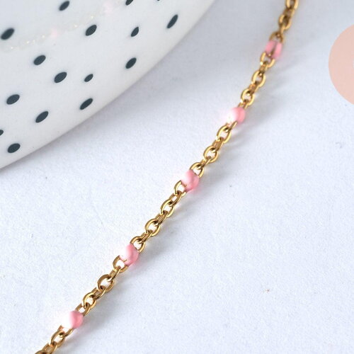 Chaine acier 304 inoxydable doré 14k fantaisie résine rose 2mm-45cm, x1 (g1810)