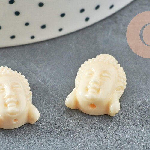 Perle tête de bouddha résine blanche 20mm,perle imitation corail en résine, x2 (g4985)
