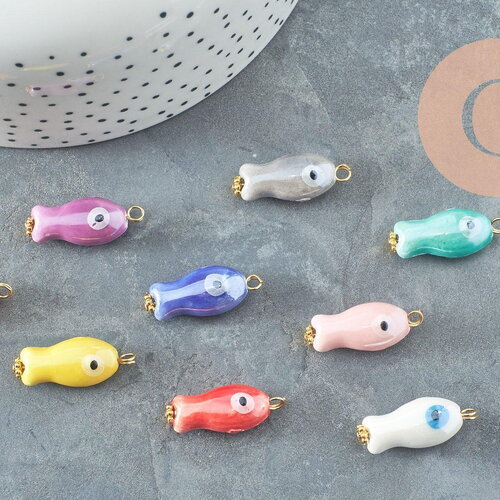 Pendentif poisson porcelaine multicolore acier 304 inoxydable doré 25mm, x1 (g9816)