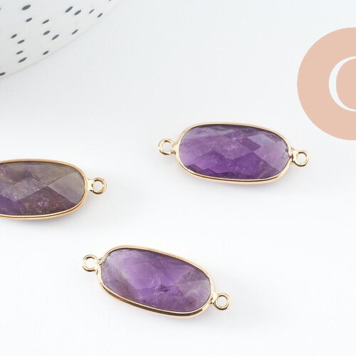 Pendentif connecteur ovale améthyste naturelle laiton doré 27mm, création de bijoux pierre naturelle, x1 (g9929)