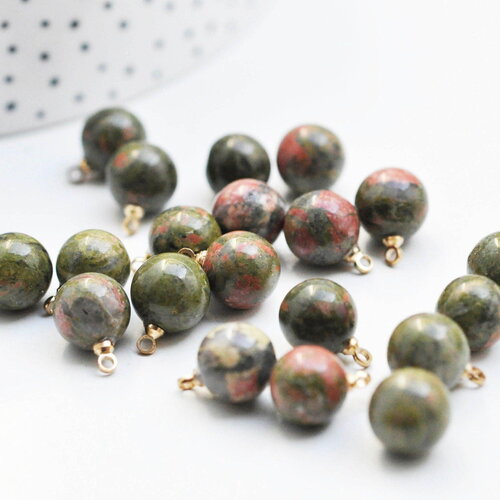 Pendentif goutte rond unakite, support doré, création bijoux pierre naturelle, pendentif pierre naturelle, 14mm, x1, g4560