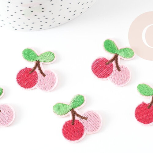 Ecusson brodé à repasser cerise rouge sequins, customisation vêtement, écusson thermocollant fruit,patch brodé,32mm, x5 g2864
