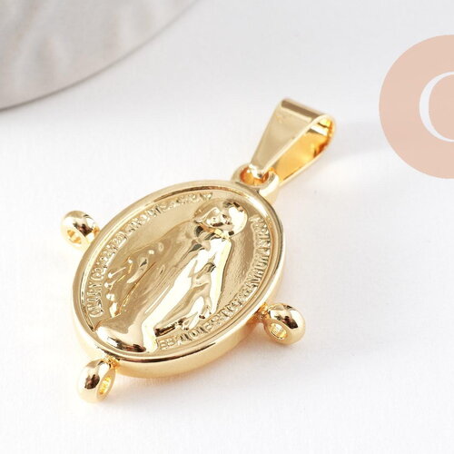 Pendentif ovale vierge acier 304 inoxydable doré avec 3 anneaux 30mm, x1 (g9937)