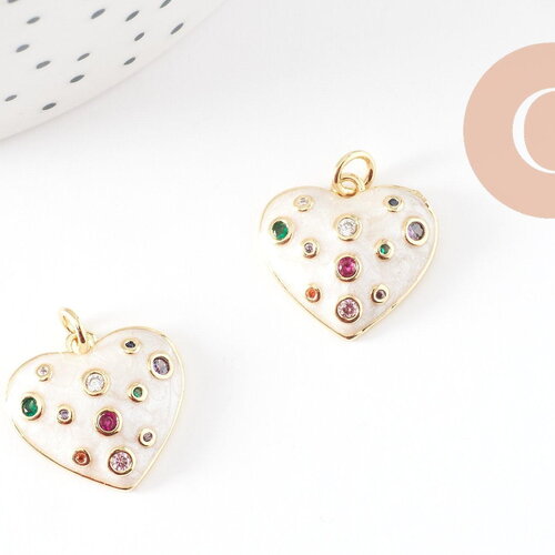 Pendentif coeur émaillé blanc et zirconslaiton doré 18k 18mm, x1 (g9944)