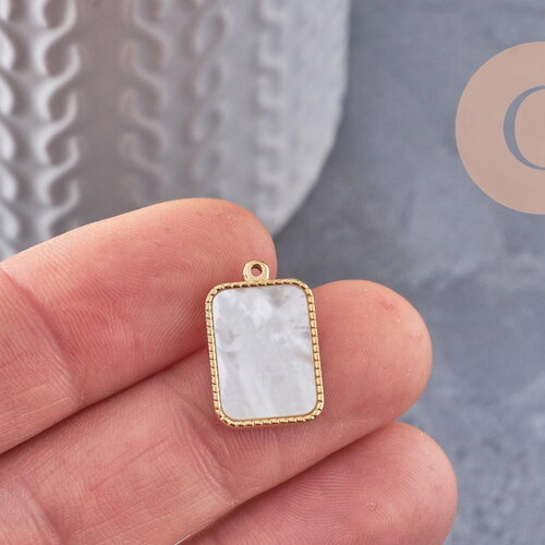 Pendentif rectangle nacre naturelle acier 304 inoxydable doré 14k 18.5mm, x1 (g9935)