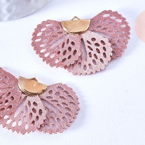 Pendentif fleur tissu soie vieux rose support doré,pendentif fleur en dentelle de tissu, 25x38mm, x 2 g5427