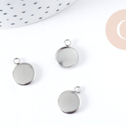 Pendentif rond support cabochon acier 304 inoxydable argenté 15mm, créations de bijoux en acier inoxydable, x10 g8940