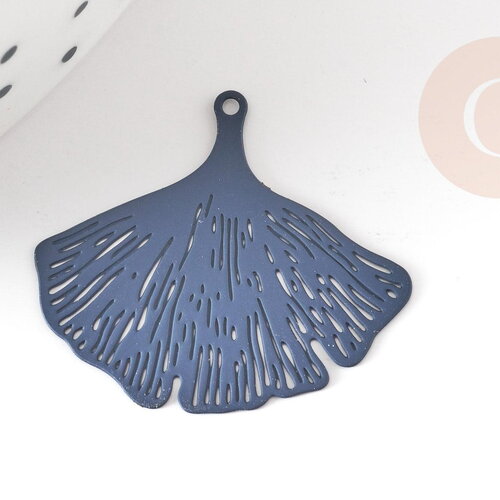 Pendentif estampe filigrane feuille gingko laiton bleu, pendentif très fin et léger, 25x22mm, x2 g3701