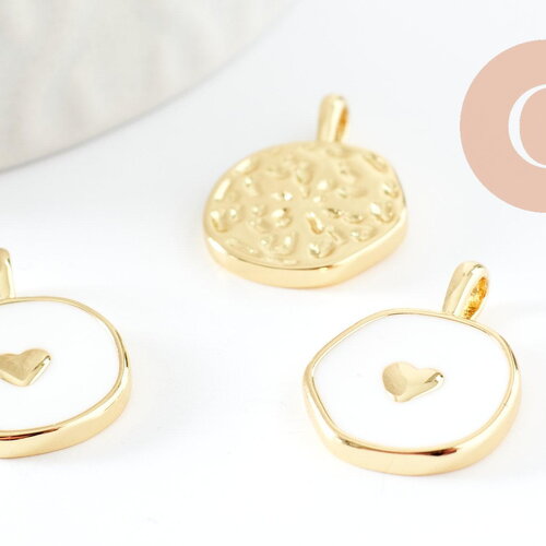 Pendentif médaille rond coeur émail laiton doré et zircon 18mm, x1 (g3645)