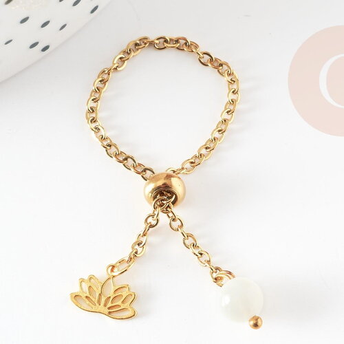 Bague réglable chaine acier lotus &amp; perle 96mm, x1 (g5795)