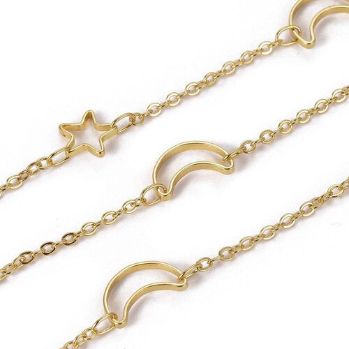 Chaine laiton doré 18 carats lune et étoile, chaine doree fantaisie pour création bijoux2x1.9mm, x1 mètre g5445