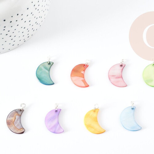 Pendentif lune en nacre multicolore support cuivre argenté 28.5mm, pendentif lune coquillage bijoux diy x1 g9155