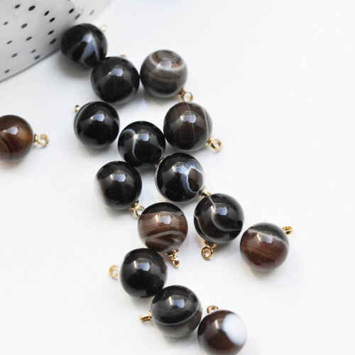 Pendentif goutte rond agate noire rayée, support doré, création bijoux pierre naturelle, pendentif pierre naturelle, 14mm, x1 g4787