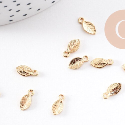 Breloque petite feuille laiton doré 18k 10.5mm, création bijoux végétal x2 (g10231)