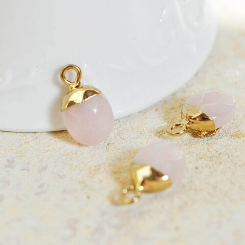 Pendentif goutte quartz rose naturel fer doré 14mm ,pendentif bijoux pierre quartz rose naturel, x2 (g0972)