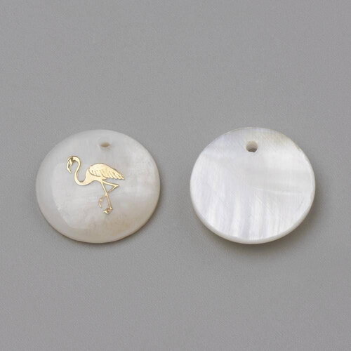 Pendentif rond nacre flamand rose, pendentif éléphant,coquillage blanc,coquillage naturel,création bijoux,16mm,1 trou x10 (g0481)