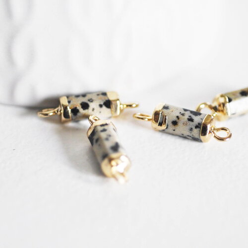 Pendentif connecteur tube jaspe dalmatien doré,tube jaspe,pendentif pierre,jaspe naturel,20mm, x1-g1211
