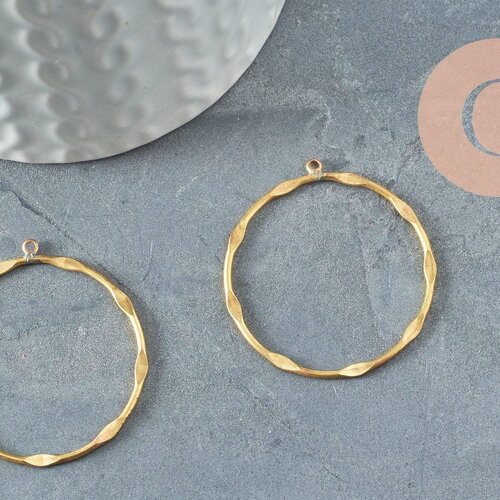 Pendentif rond laiton brut torsadé, une breloque laiton brut pour créations bijoux laiton,24mm, x2 (g3212)