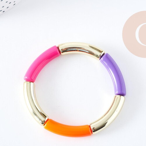 Bracelet jonc élastiqué résine violet, rose, orange et or 52mm, x1 (g8832)