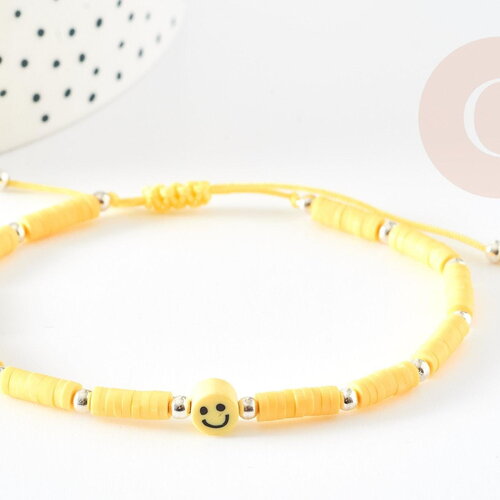 Bracelet emoji smile perles heishi cordon nylon jaune 5~8 cm, x1 (g9174)