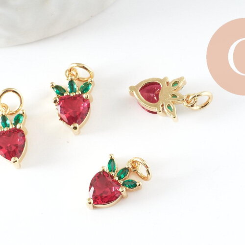 Pendentif fraise doré 18k zircons,pendentif fruit création bijoux, pendentif doré, 13mm, x1 (g4275)