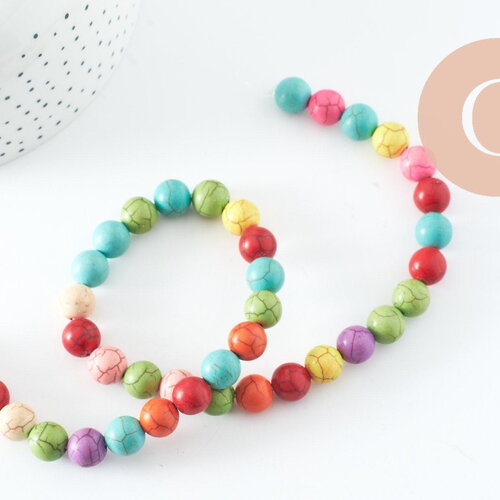 Perles rondes multicolores howlite,perles gouttes multicolores howlite, howlite naturelle, perle turquoise, fil de 40 cm, x1 (g9717)