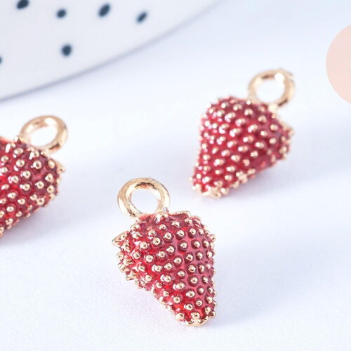 Pendentif fraise zamac doré émaillé rouge 16mm, x5 (g5265)
