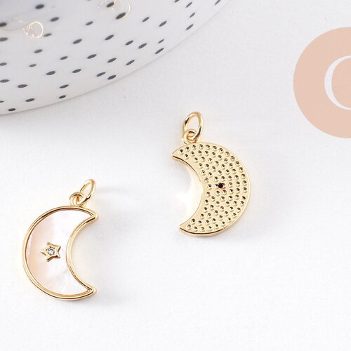 Pendentif lune nacre blanche naturelle laiton doré 18mm, x1 (g10256)