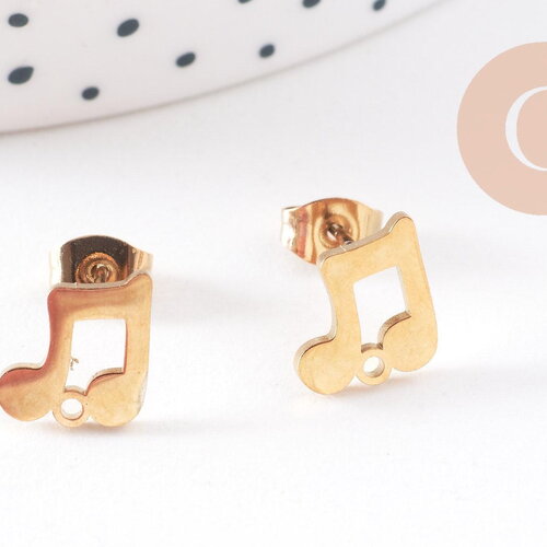 Boucles d'oreille puce pin's note de musique acier 304 inoxydable doré 9mm, x2 (g10253)