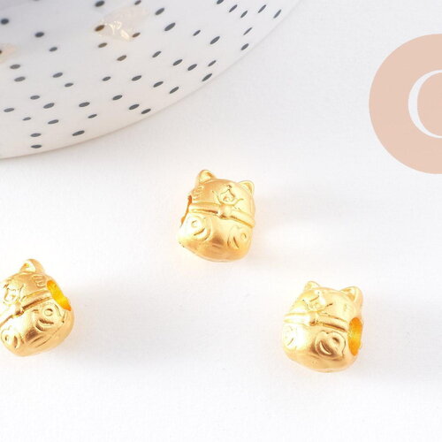 Perle tête de chat porte-bonheur zamac doré mat 12.5mm, x5 (g10251)