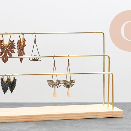 Présentoir à bijoux boucles d'oreilles laiton doré socle bois 34cm, présentoir bijoux, x1 (g10249)
