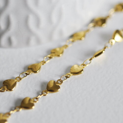 Chaine complète coeurs acier 304 inoxydable dorée 14k 2mm/45.5cm, x1 (g6775)