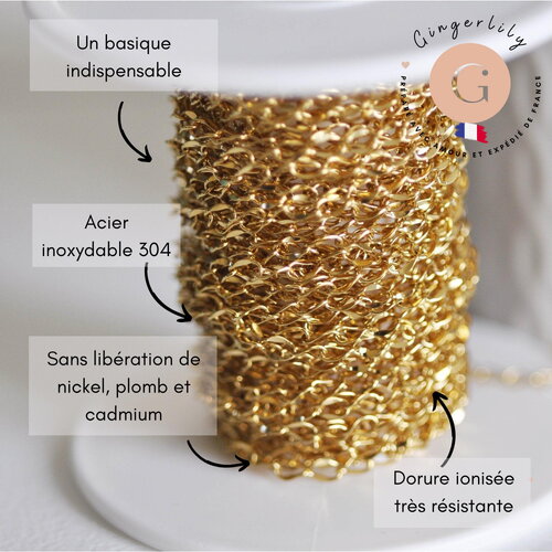 Chaine acier 304 inoxydable doré ip 14k fantaisie maille courbe large 5mm, x1 mètre (g3146)