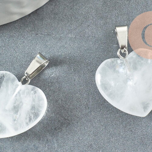 Pendentif coeur cristal de roche laiton platine 22mm, pendentif bijoux, pendentif pierre coeur x1 g2992