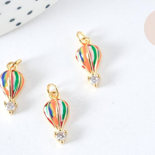 Breloque montgolfière émail multicolore laiton doré et zircon blanc 14mm,création bijoux coloré, x1 g7377