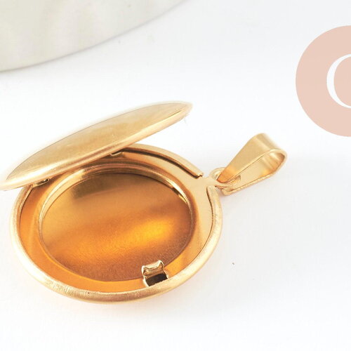 Pendentif locket rond acier 316 inoxydable doré 18k 23mm, médaillon vintage pour création collier en acier inoxydable, x1 g9461