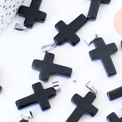 Pendentif croix jade naturel noir acier inoxydable 29mm,pendentif pierre, support argent, création bijoux,jade naturel,l x1 g5704