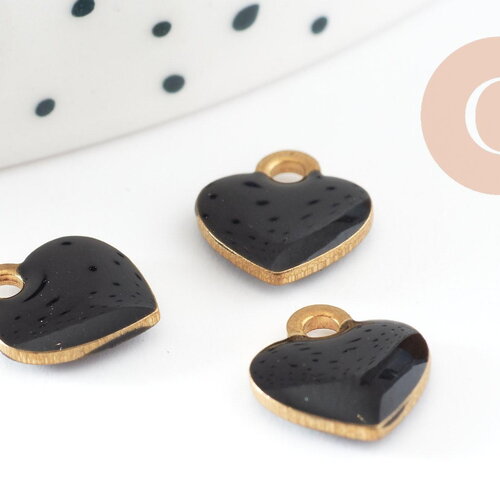 Pendentifs doré cœur émail noir, pendentif coeur, laiton brut, pendentif amour,10mm, x10 g3571