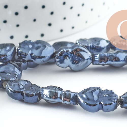 Perle porcelaine cœur bleu foncé irisé 16mm, x24 (g9791)