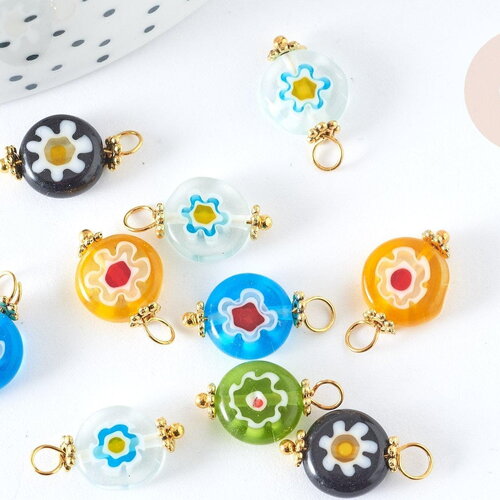 Pendentif rond verre millefiori multicolore 18mm, x10 (g7589)