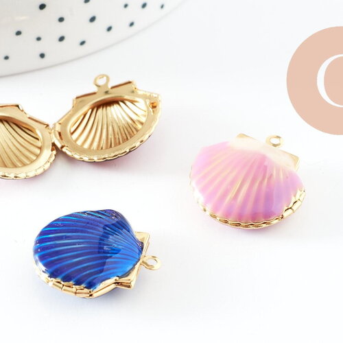 Pendentif locket coquillage laiton doré 18k émaillé 23.5mm, pendentif création bijoux x1 g9551