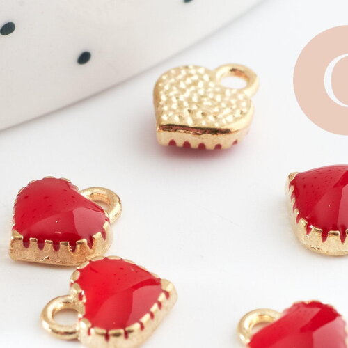 Pendentifs doré cœur émail rouge, pendentif coeur, métal doré, pendentif amour,8mm, x10 g4617