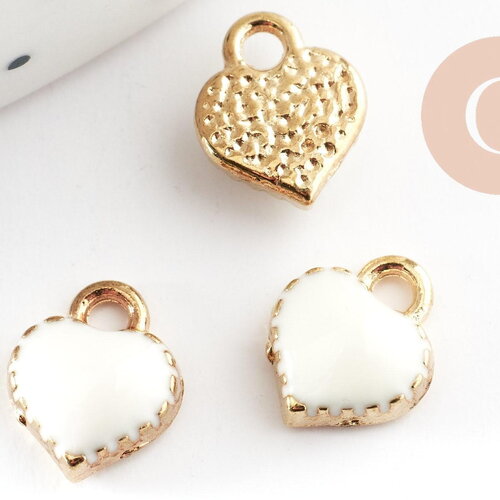 Pendentifs doré cœur émail blanc, pendentif coeur,fournitures créatives, métal doré, pendentif amour, 8mm, x10 g1885
