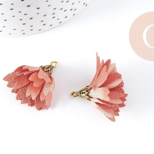 Pendentif fleur soie rose corail zamac doré 29-36mm, création bijou fleur en tissu, x2 g8990